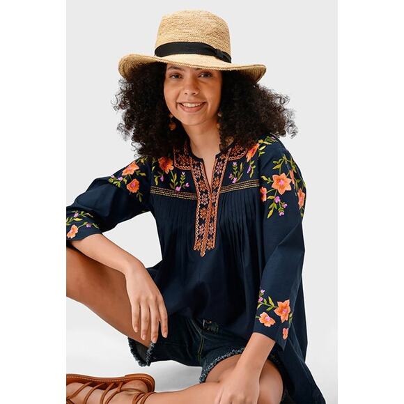 eshakti Tops - Wayward Fancies Floral Embroidery Pintuck Pleat Cotton Poplin Tunic Deep Navy L